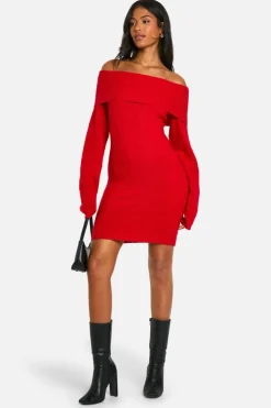 Jumper Dresses|Jumper Dresses*boohoo Tall Rib Bardot Neckline Mini Jumper Dress red
