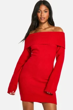 Jumper Dresses|Jumper Dresses*boohoo Tall Rib Bardot Neckline Mini Jumper Dress red