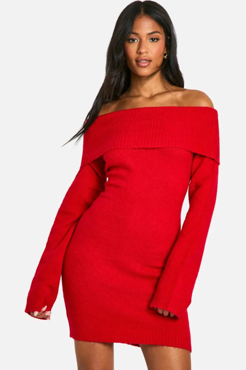 Jumper Dresses|Jumper Dresses*boohoo Tall Rib Bardot Neckline Mini Jumper Dress red