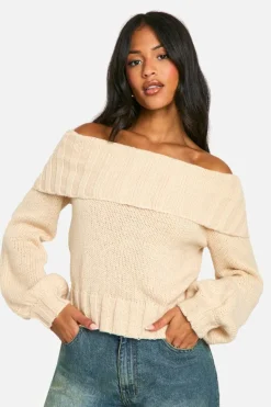 Jumpers*boohoo Tall Ribbed Bardot Balloon Sleeve Knitted Jumper sand