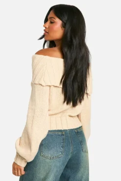 Jumpers*boohoo Tall Ribbed Bardot Balloon Sleeve Knitted Jumper sand