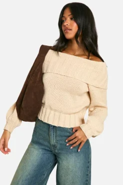 Jumpers*boohoo Tall Ribbed Bardot Balloon Sleeve Knitted Jumper sand