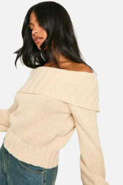 Jumpers*boohoo Tall Ribbed Bardot Balloon Sleeve Knitted Jumper sand