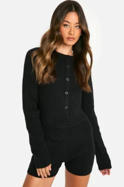 Cardigans|Co-Ord Sets*boohoo Tall Ribbed Cropped Cardigan And Micro Short Co Ord black