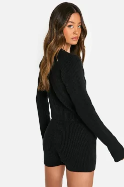 Cardigans|Co-Ord Sets*boohoo Tall Ribbed Cropped Cardigan And Micro Short Co Ord black