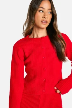 Cardigans*boohoo Tall Ribbed Cropped Cardigan And Micro Short Co Ord red