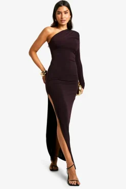 Maxi Dresses*boohoo Tall Ruched One Sleeve High Split Maxi Dress plum