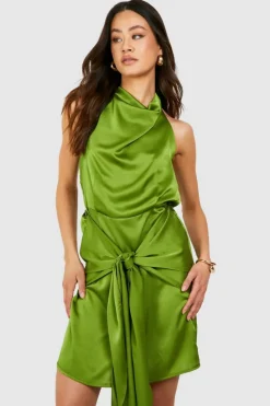 Wrap Dresses*boohoo Tall Satin Halterneck Wrap Mini Dress olive