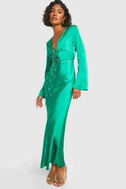 Maxi Dresses*boohoo Tall Satin Tie Front Maxi Dress green