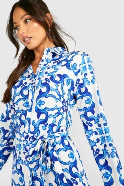 Shirt Dresses*boohoo Tall Scarf Print Skater Shirt Dress blue