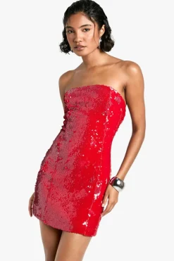 Bodycon Dresses|Mini Dresses*boohoo Tall Sequin Bandeau Mini Dress red