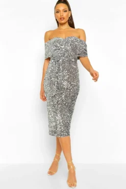 Midi Dresses|Bodycon Dresses*boohoo Tall Sequin Bardot Belted Midi Dress silver