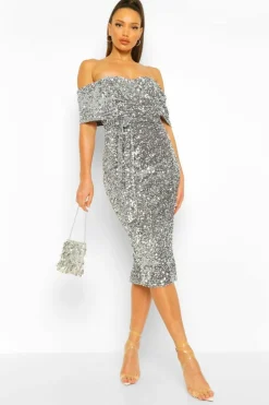 Midi Dresses|Bodycon Dresses*boohoo Tall Sequin Bardot Belted Midi Dress silver
