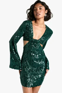 Bodycon Dresses|Mini Dresses*boohoo Tall Sequin Twist Front Mini Dress emerald