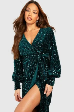 Midi Dresses*boohoo Tall Sequin Velvet Belted Midi Dress emerald