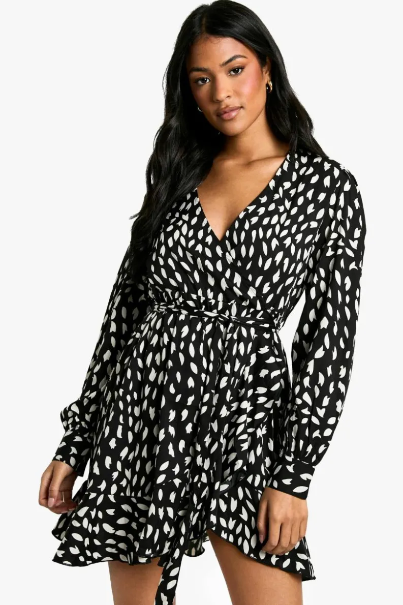Wrap Dresses|Mini Dresses*boohoo Tall Smudge Print Ruffle Woven Wrap Dress black