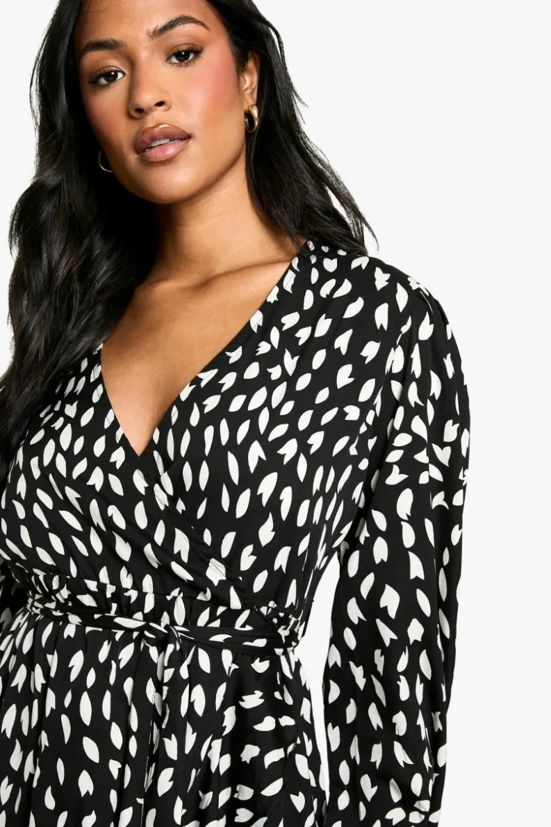 Wrap Dresses|Mini Dresses*boohoo Tall Smudge Print Ruffle Woven Wrap Dress black