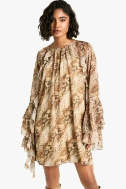 Smock Dresses*boohoo Tall Snake Ruffle Flare Sleeve Mini Shift Dress natural
