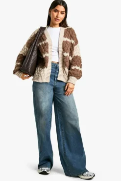 Cardigans|Knitwear*boohoo Tall Stripe Bubble Knit Chunky Cardigan stone