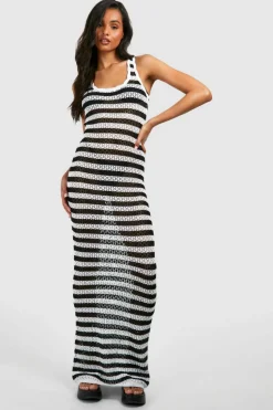 Jumper Dresses|Jumper Dresses*boohoo Tall Stripe Crochet Beach Maxi Dress black