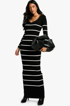 Jumper Dresses|Jumper Dresses*boohoo Tall Stripe Ribbed Knitted Maxi Dress black