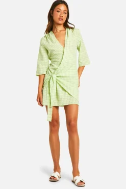 Wrap Dresses|Mini Dresses*boohoo Tall Textured Gingham Wrap Dress green