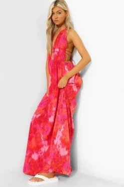 Smock Dresses*boohoo Tall Tie Dye Plunge Front Maxi Dress coral