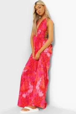 Smock Dresses*boohoo Tall Tie Dye Plunge Front Maxi Dress coral
