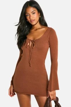 Jumper Dresses|Jumper Dresses*boohoo Tall Tie Front Flare Sleeve Mini Dress camel