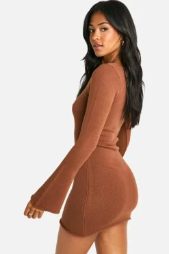Jumper Dresses|Jumper Dresses*boohoo Tall Tie Front Flare Sleeve Mini Dress camel