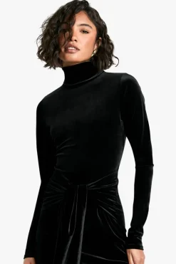 Wrap Dresses*boohoo Tall Velvet High Neck Wrap Detail Maxi Dress black