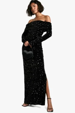 Maxi Dresses*boohoo Tall Velvet Sequin Bardot Maxi Dress black