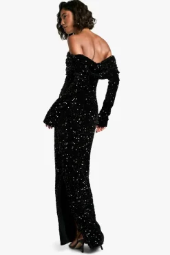 Maxi Dresses*boohoo Tall Velvet Sequin Bardot Maxi Dress black