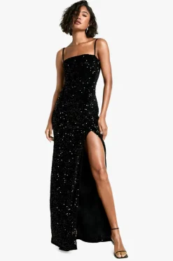 Maxi Dresses*boohoo Tall Velvet Sequin Square Neck Maxi Dress black