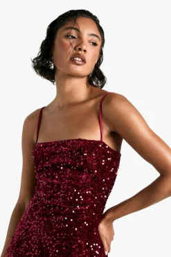 Maxi Dresses*boohoo Tall Velvet Sequin Square Neck Maxi Dress wine