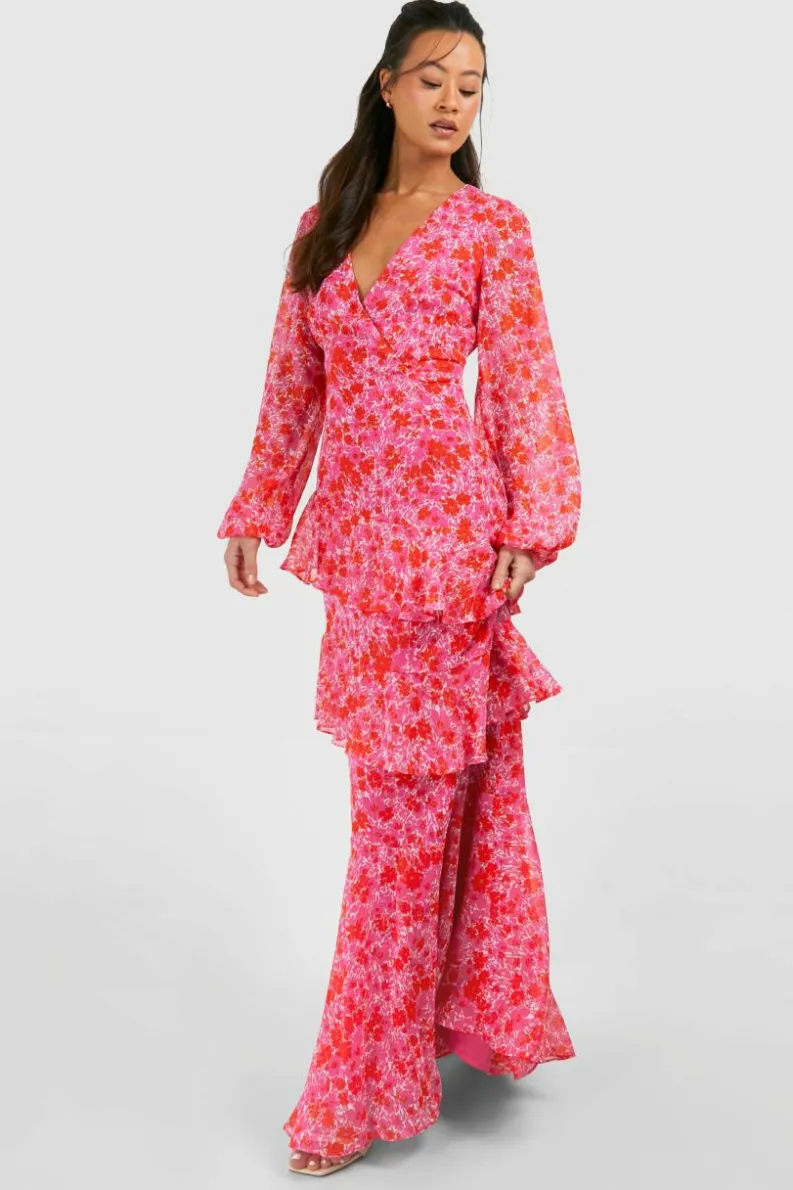 Wrap Dresses*boohoo Tall Woven Floral Wrap Tiered Maxi Dress pink
