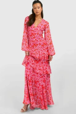 Wrap Dresses*boohoo Tall Woven Floral Wrap Tiered Maxi Dress pink