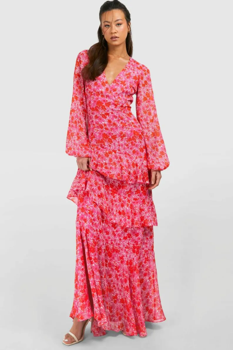 Wrap Dresses*boohoo Tall Woven Floral Wrap Tiered Maxi Dress pink