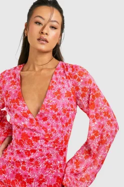 Wrap Dresses*boohoo Tall Woven Floral Wrap Tiered Maxi Dress pink