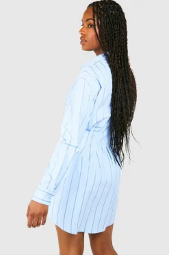 Shirt Dresses*boohoo Tall Woven Pinstripe Cinched Waist Shirt Dress blue