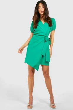 Blazer Dresses|Wrap Dresses*boohoo Tall Woven Short Sleeve Wrap Blazer Dress green