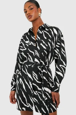 Shirt Dresses*boohoo Tall Woven Zebra Belted Shirt Dress black