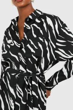 Shirt Dresses*boohoo Tall Woven Zebra Belted Shirt Dress black