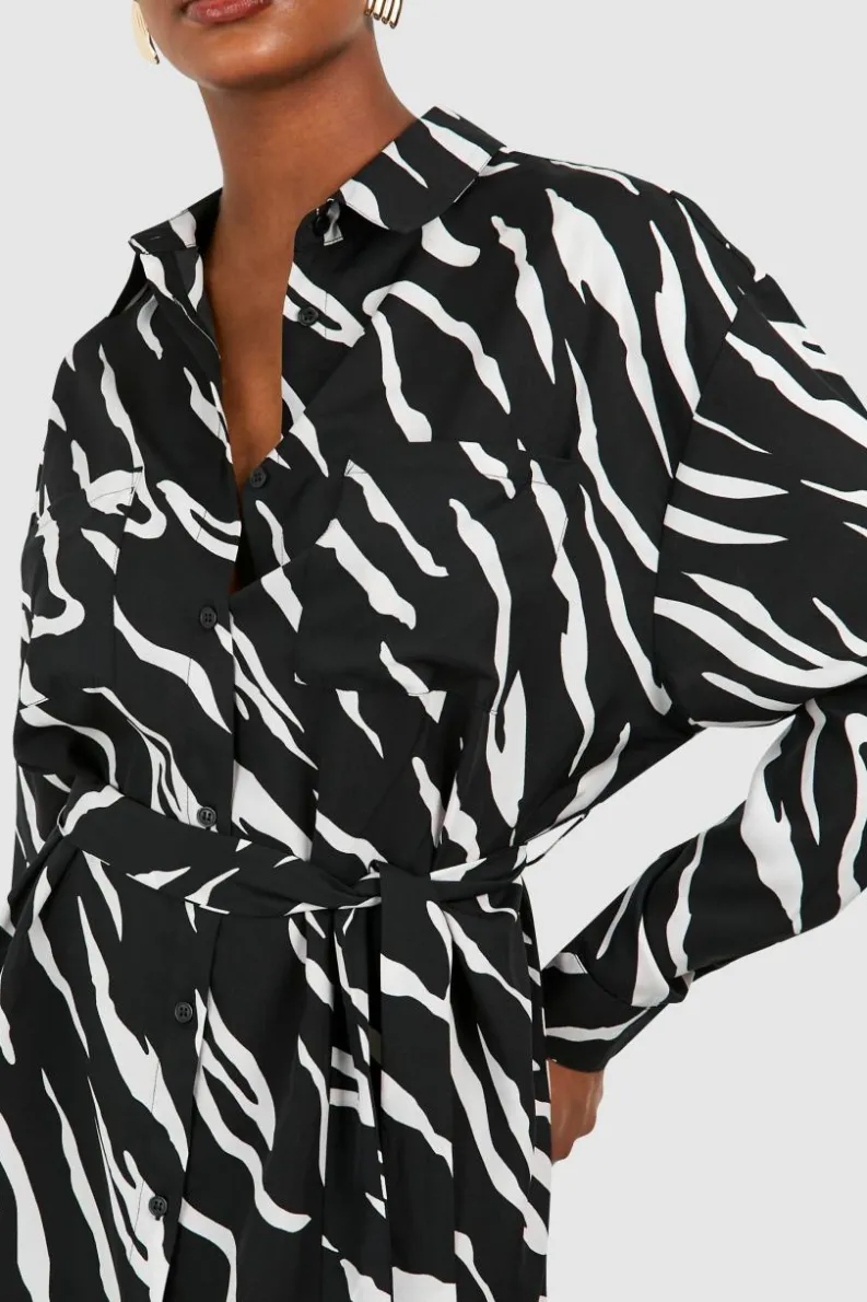 Shirt Dresses*boohoo Tall Woven Zebra Belted Shirt Dress black