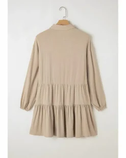 Shirt Dresses*Azura Exchange Puff Sleeve Buttoned Tiered Pleated Shirt Mini Dress Tan