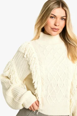 Jumpers|Up To 80% Off Winter Warmers*boohoo Tassel Detail Cable Knit Jumper stone