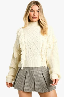 Jumpers|Up To 80% Off Winter Warmers*boohoo Tassel Detail Cable Knit Jumper stone