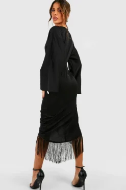 Wrap Dresses|Midi Dresses*boohoo Tassel Hem Wrap Midi Dress black