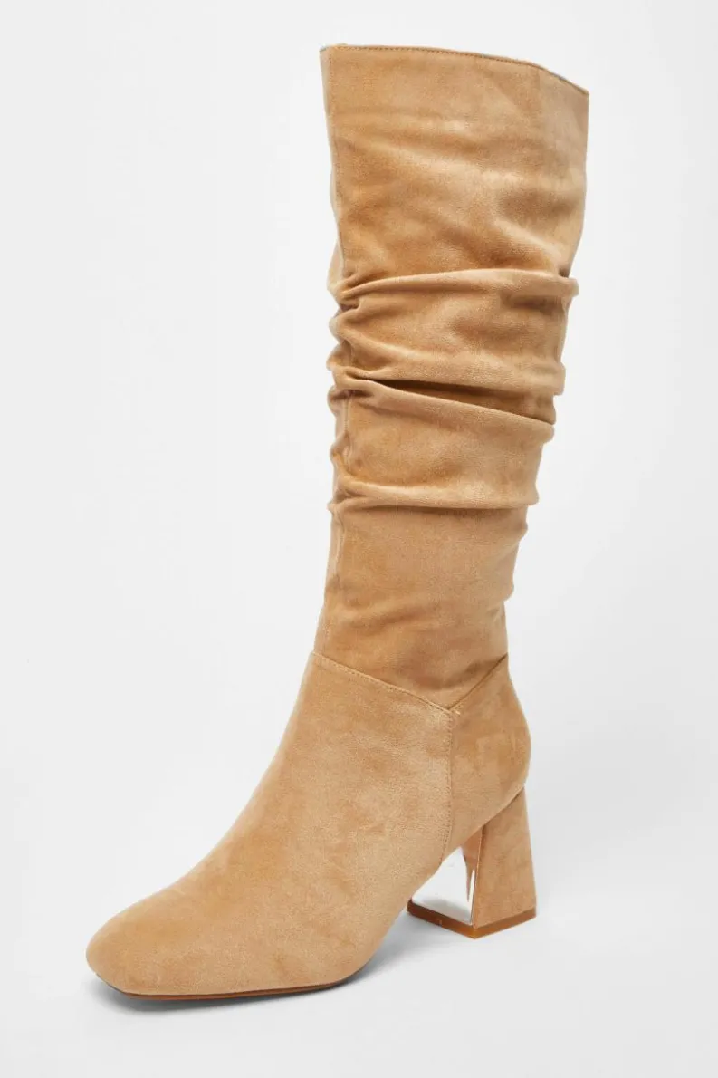 Heeled Boots*Quiz Faux Suede Ruched Heeled Boots Taupe