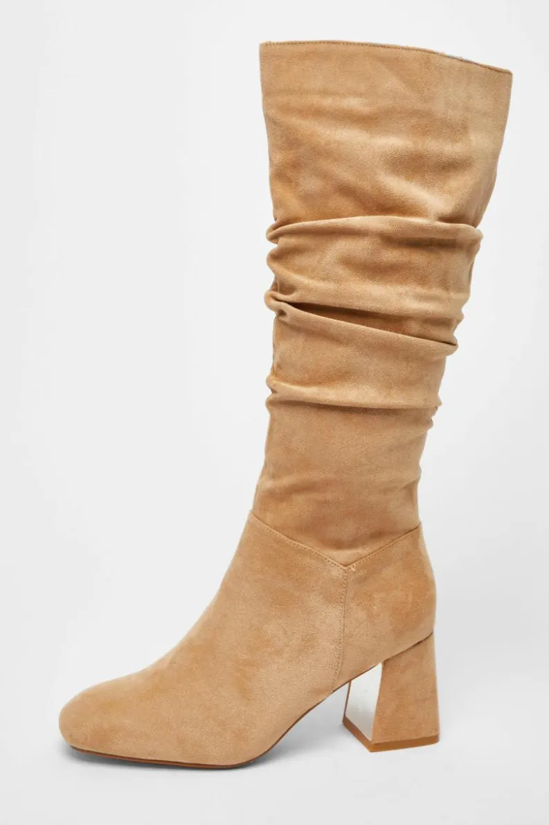 Heeled Boots*Quiz Faux Suede Ruched Heeled Boots Taupe